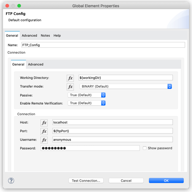 FTP Connector の [Global Element Configuration (グローバル要素設定)]