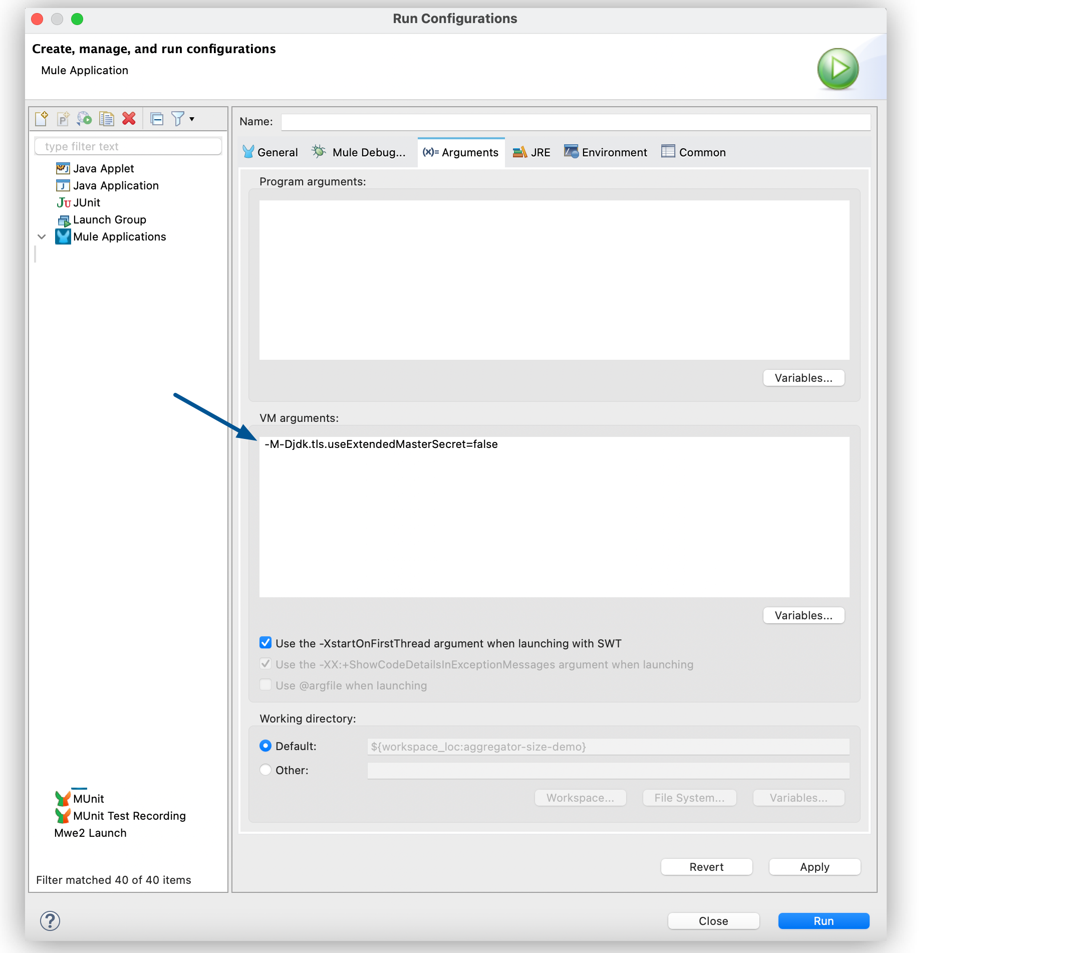 「Run Configurations (設定を実行)」 ウィンドウの Extended Master Secret を無効にするための JVM 引数