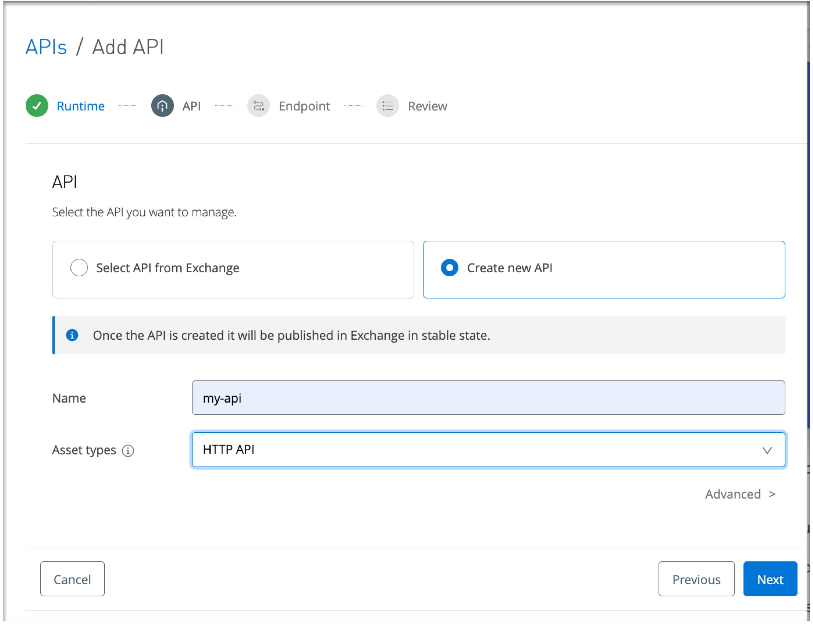 新しい API を選択または作成するためのフォーム