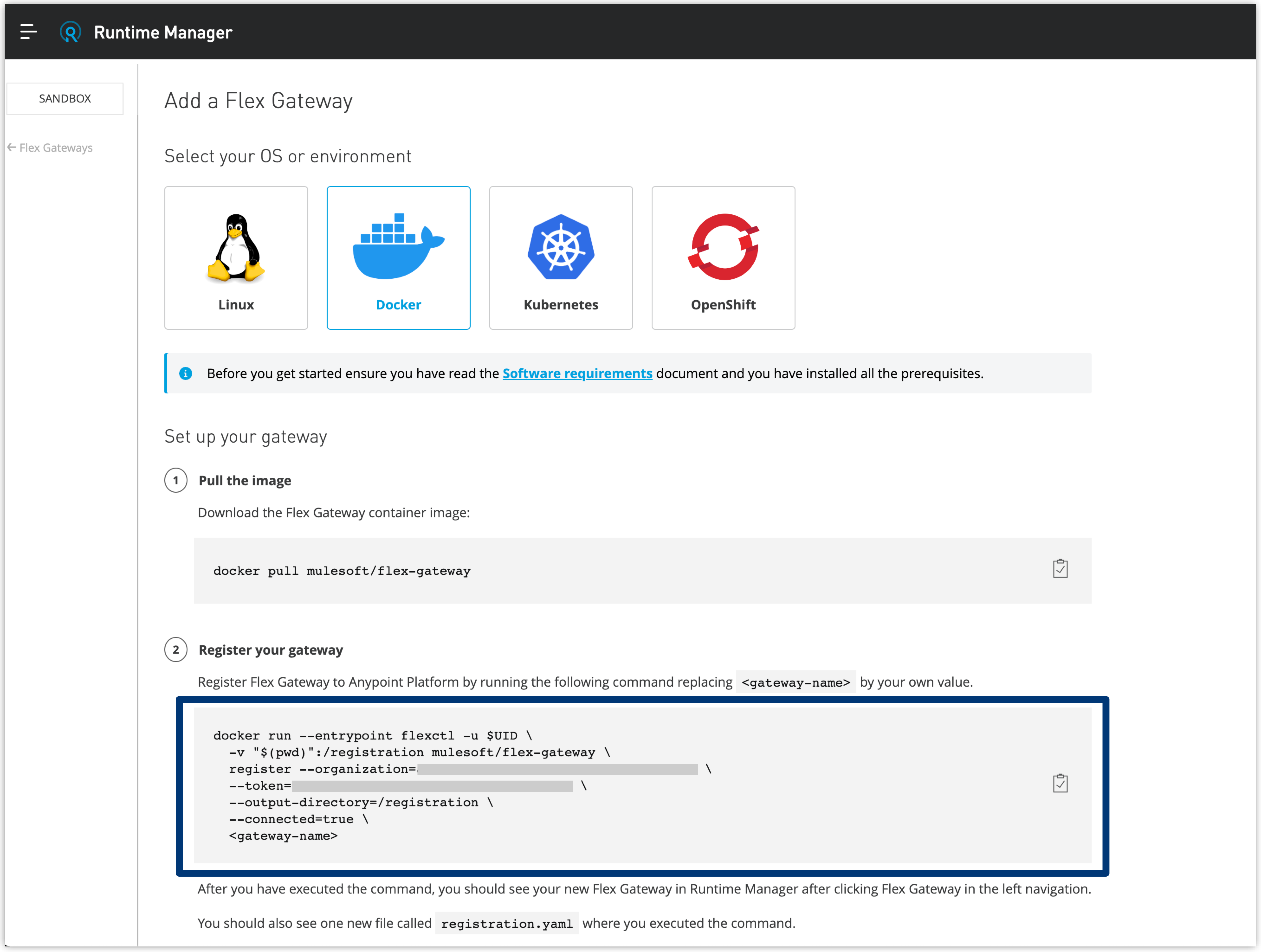 コピーするコードブロックが選択されている [Add a Flex Gateway (Flex Gateway の追加)] ページ