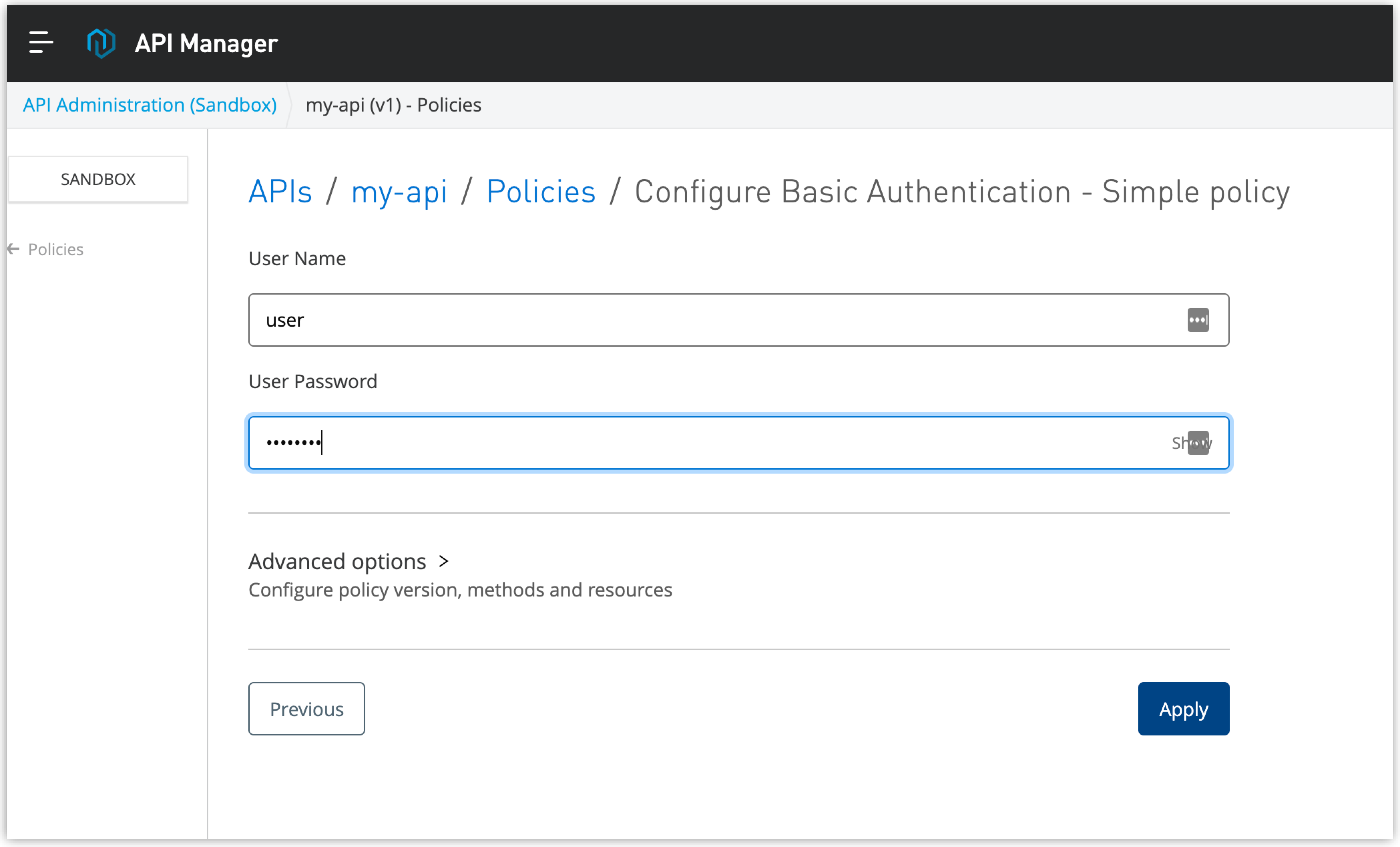 [Configure Basic Authentication - Simple policy (基本認証 - 簡易ポリシーを設定)] ページのスクリーンショット