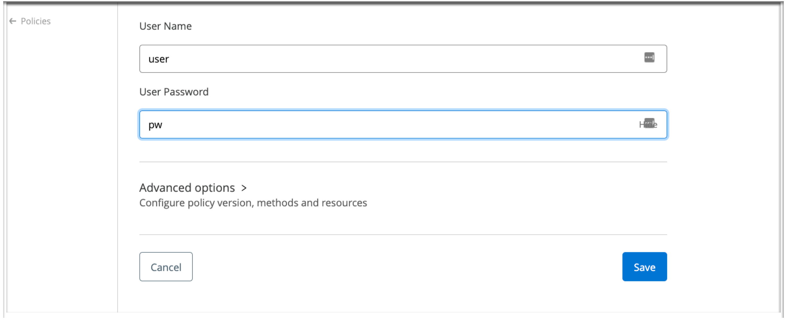 [Configure Basic Authentication - Simple policy (基本認証 - 簡易ポリシーを設定)] 設定ページのスクリーンショット