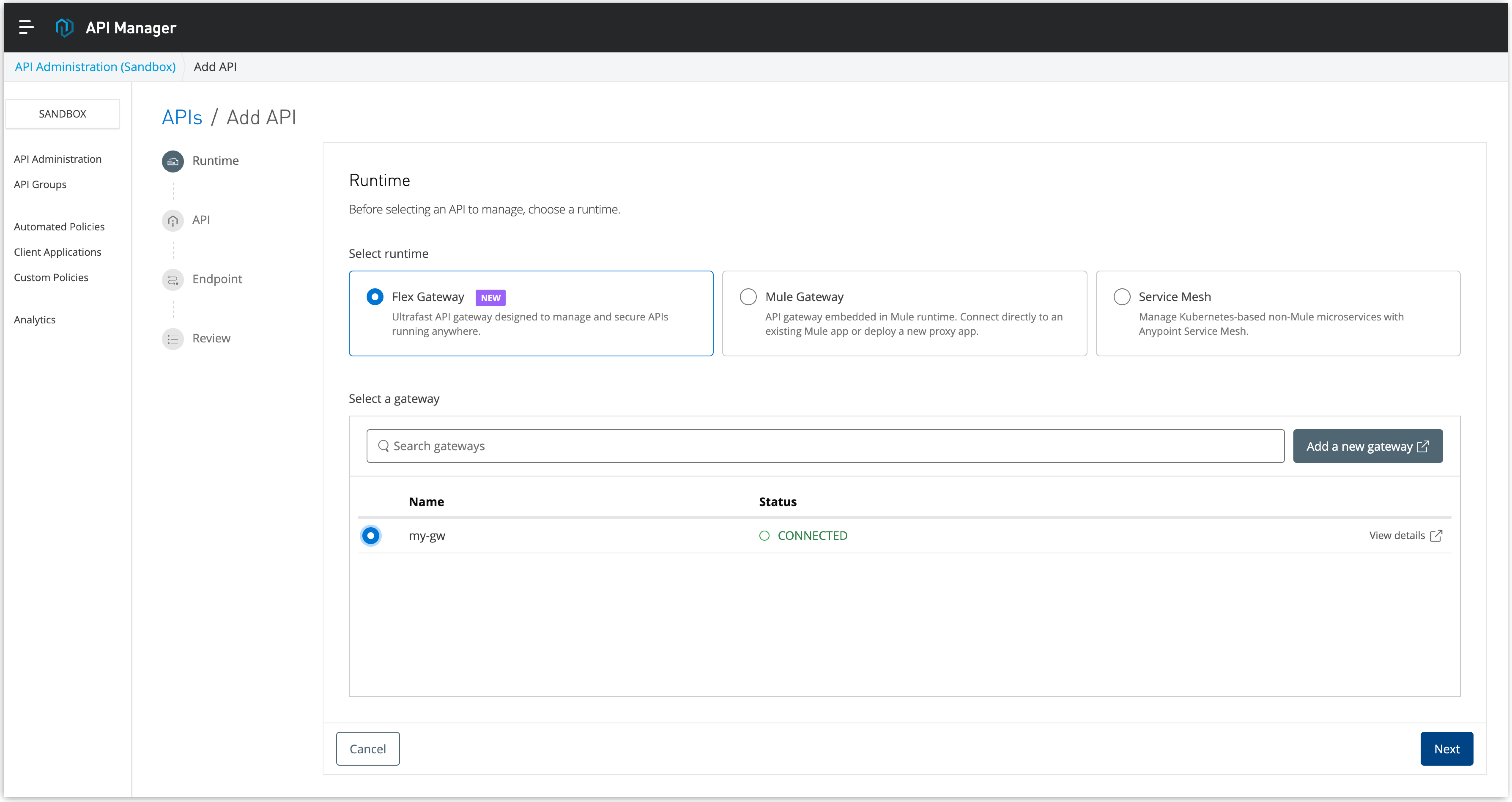 Flex Gateway ランタイムと my-gw ゲートウェイが選択されている [Add API (API を追加)]