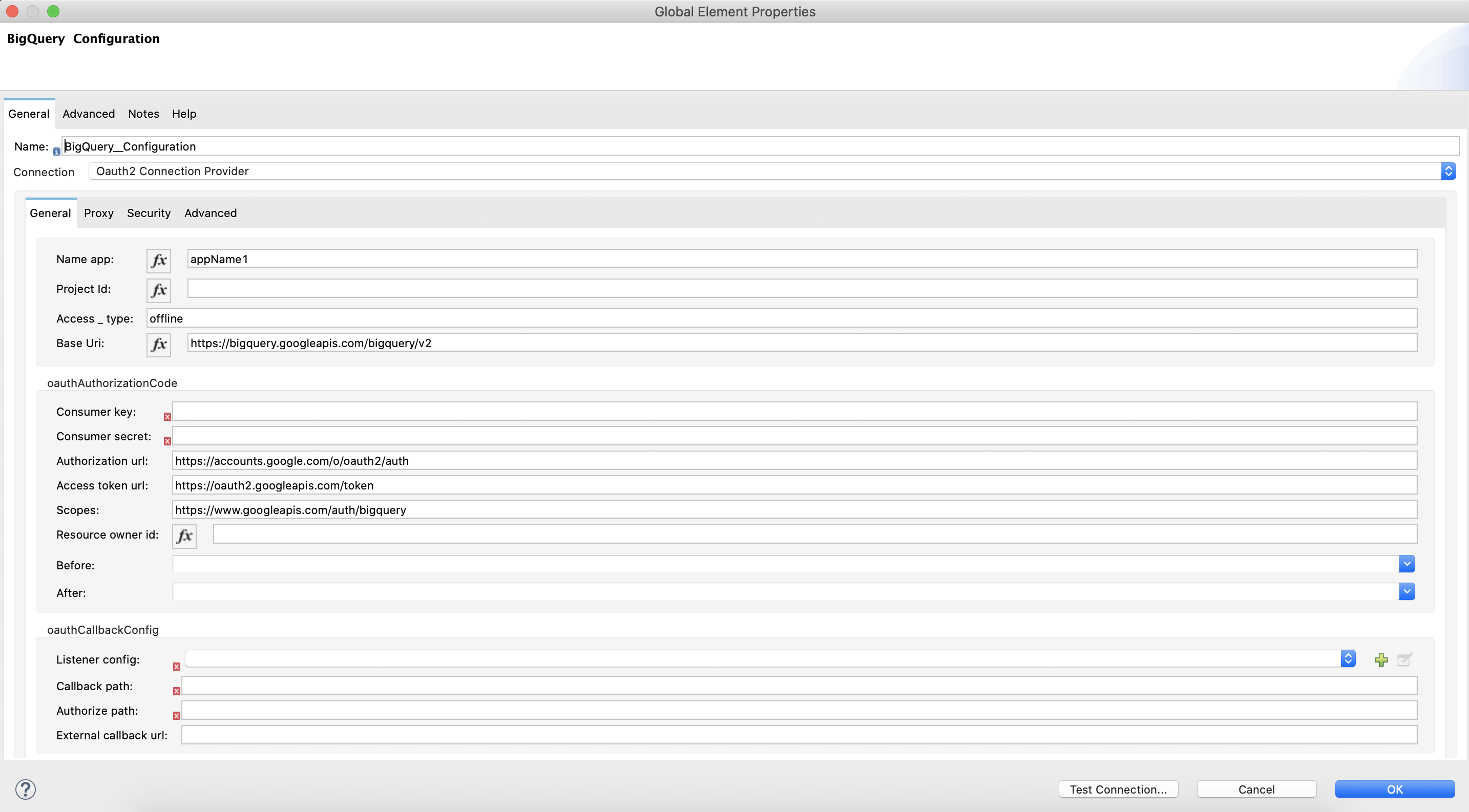 [Connection (接続)] セクションでは [OAuth2] が選択され、[General (一般)] タブでは認証項目が入力されています。