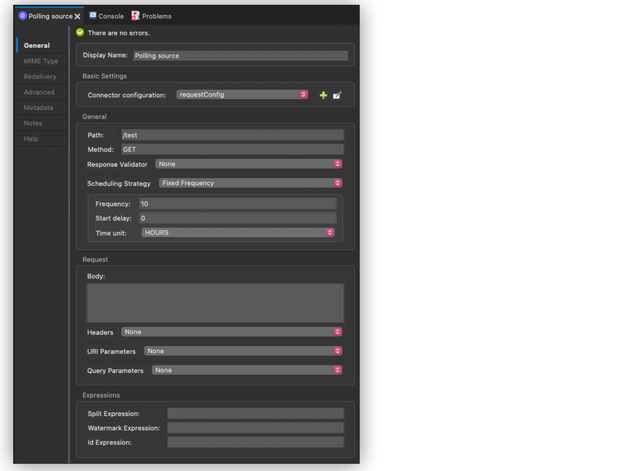 Anypoint Studio の [HTTP Polling source (HTTP Polling ソース)] 設定ウィンドウ