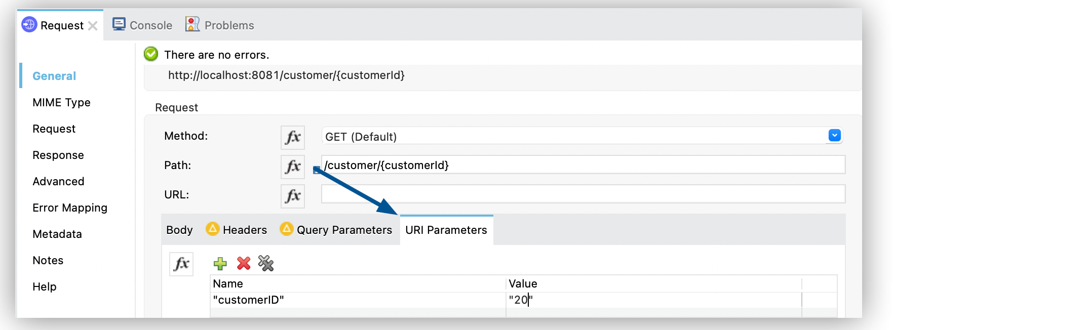 「Key (キー)」 項目が customerID、「Value (値)」 項目が 20 に設定された URI クエリパラメーター設定