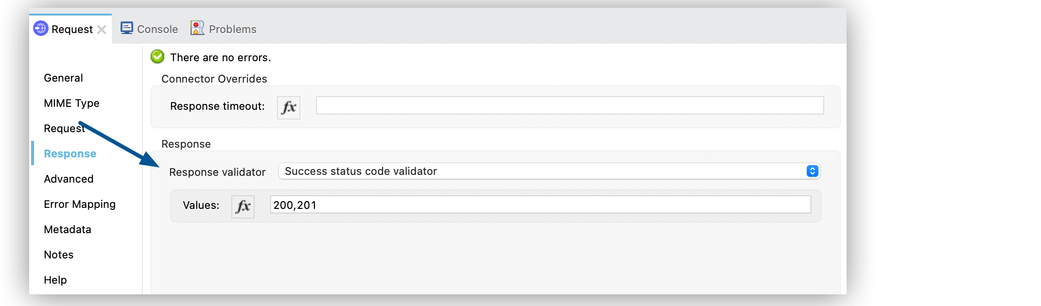 「Success status code validator (成功状況コード検証)」 に設定された 「Response validator (応答バリデーター)」 項目