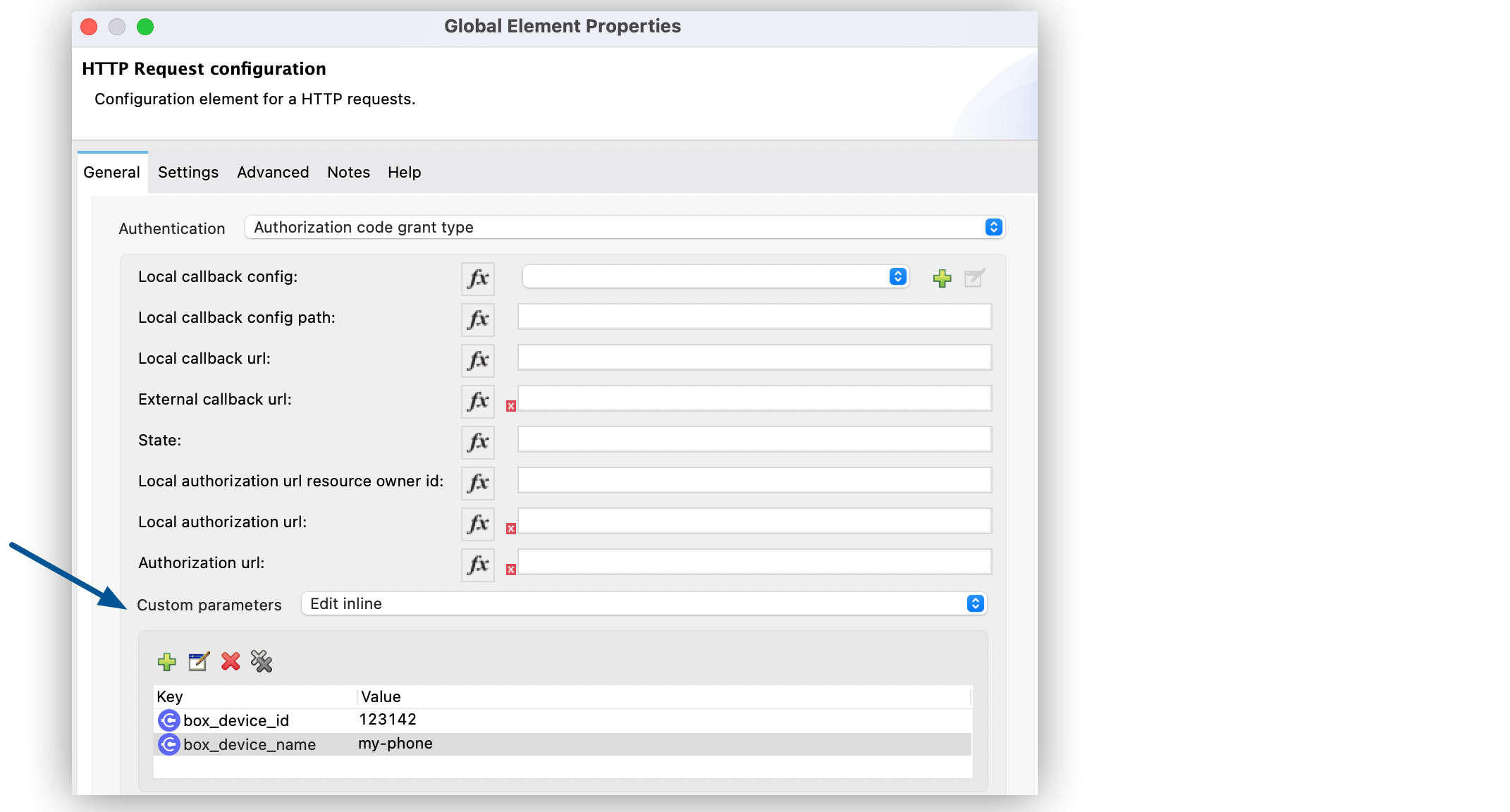 OAuth 認証の [Custom Parameters (カスタムパラメーター)] 項目の設定