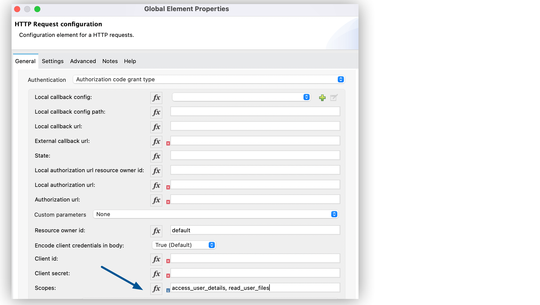 OAuth 認証の [Scopes (スコープ)] 項目の設定