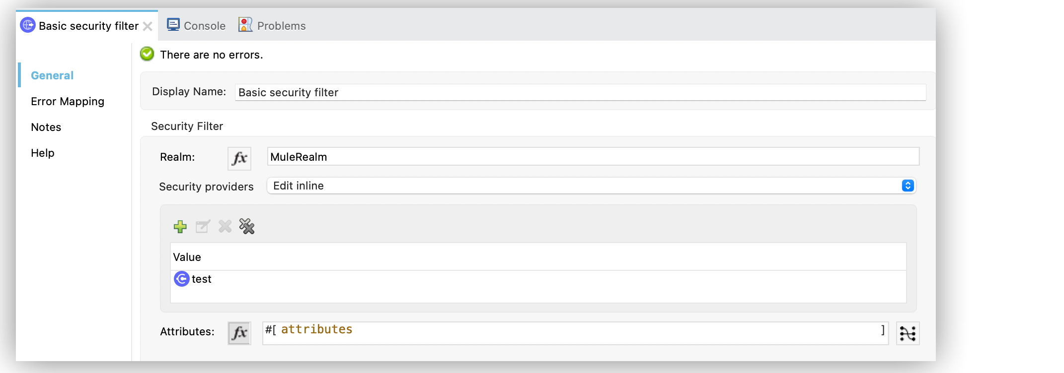 Anypoint Studio の [HTTP Basic Security Filter (HTTP 基本セキュリティ検索条件)] 設定ウィンドウ