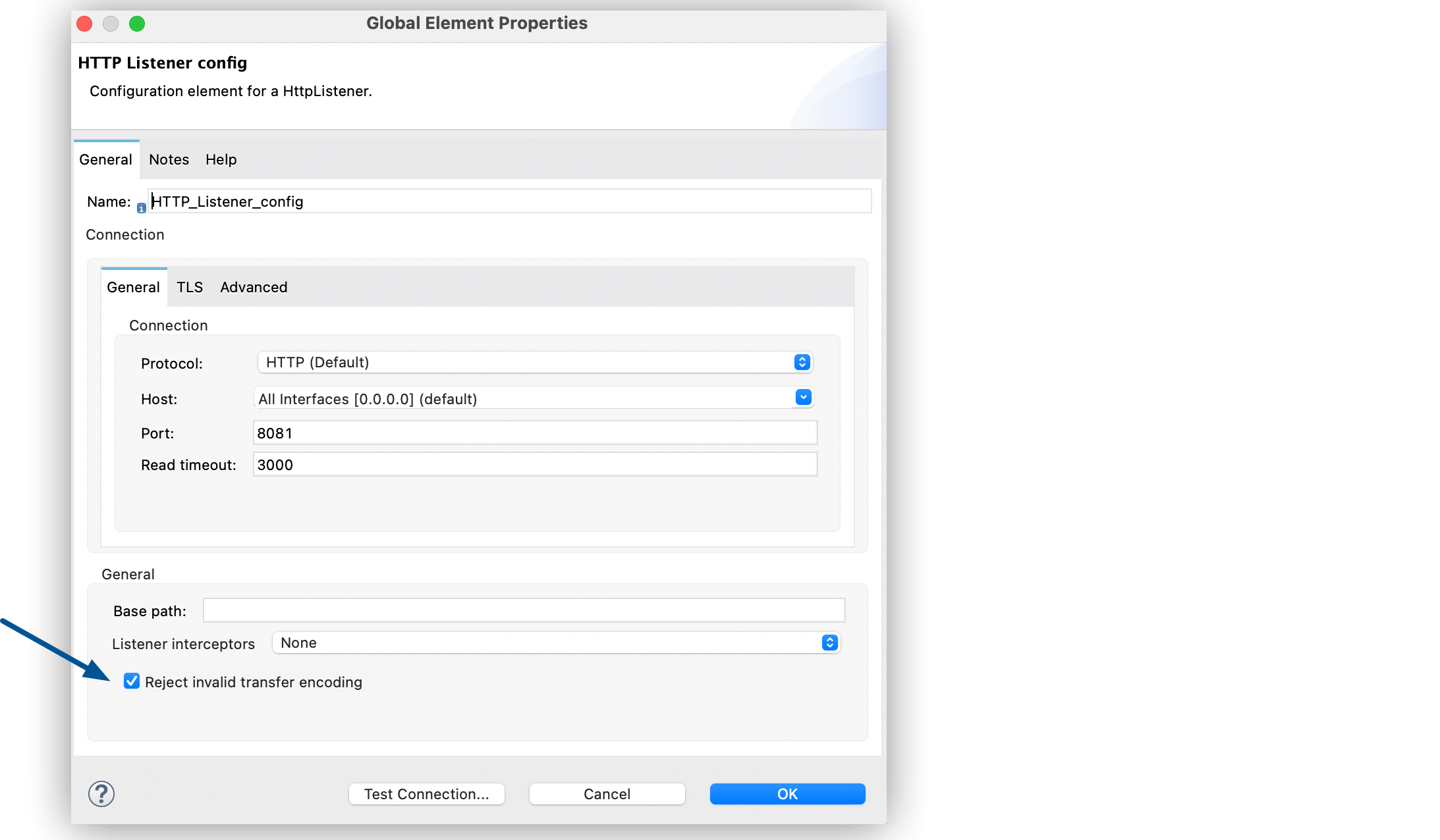 「Reject invalid transfer encoding (無効な転送エンコードを拒否)」 項目が選択されている 「HTTP Listener config (HTTP リスナー設定)」 ウィンドウ