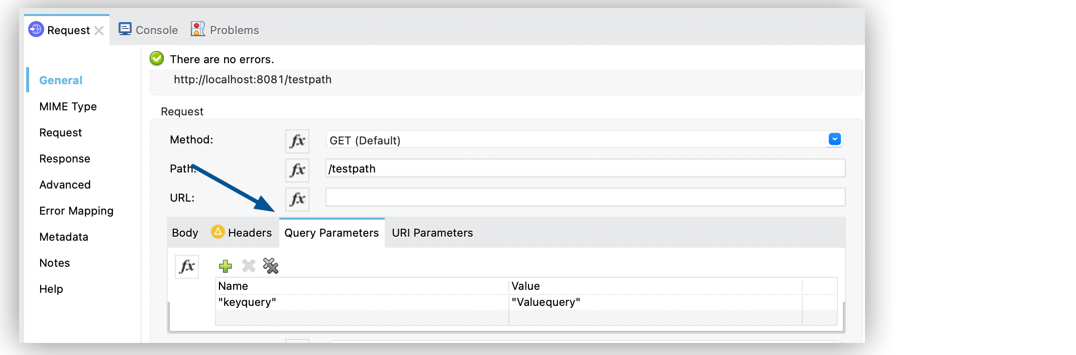 「Key (キー)」 項目が Keyquery、「Value (値)」 項目が Valuequery に設定されたクエリパラメーター設定