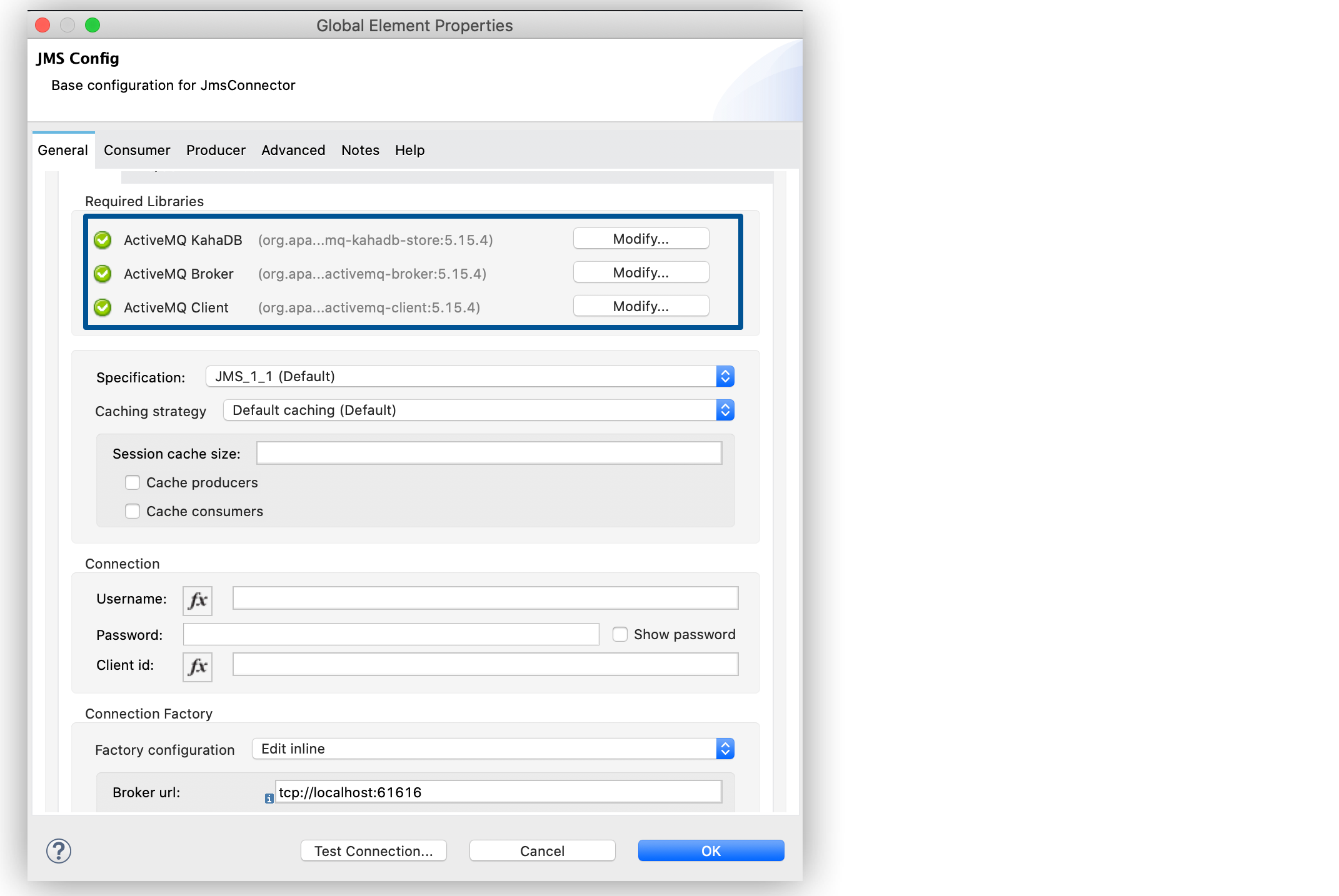 「Broker URL (ブローカー URL)」 項目が tcp://localhost:61616 に設定された、Studio の ActiveMQ 接続設定ウィンドウ