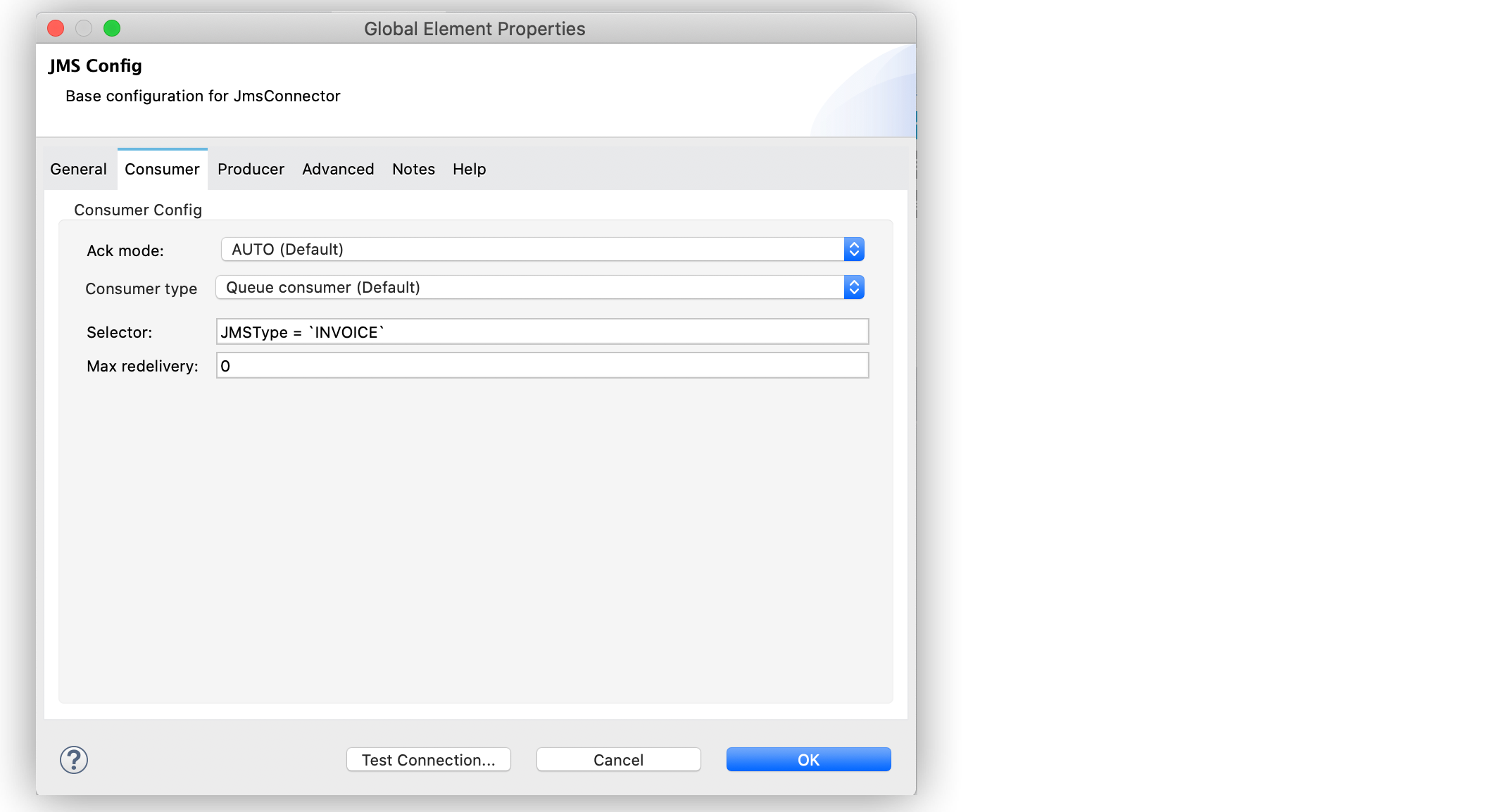 「Consumer (コンシューマー)」 タブで、受信メッセージを請求書で絞り込むように 「Selector (セレクター)」 項目を設定します。