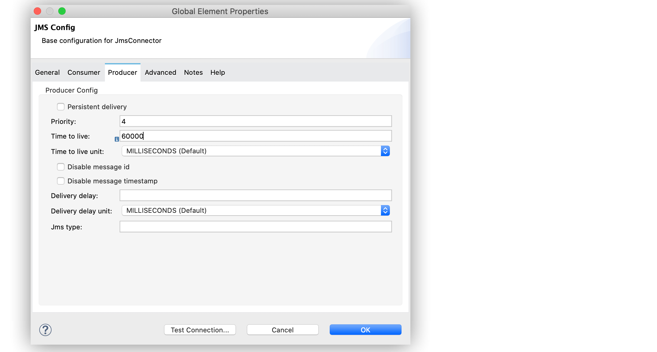 「Producer (プロデューサー)」 タブで 「Time to live (存続期間)」 項目を設定し、メッセージがブローカーに残るデフォルトの時間を定義します。