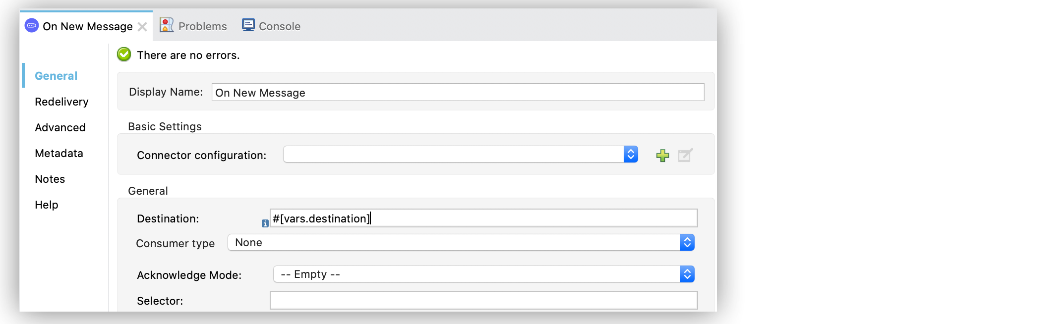 On New Message ソースの画面で、[Destination (宛先)] 項目を、メッセージのコンシューム元である宛先の名前に設定