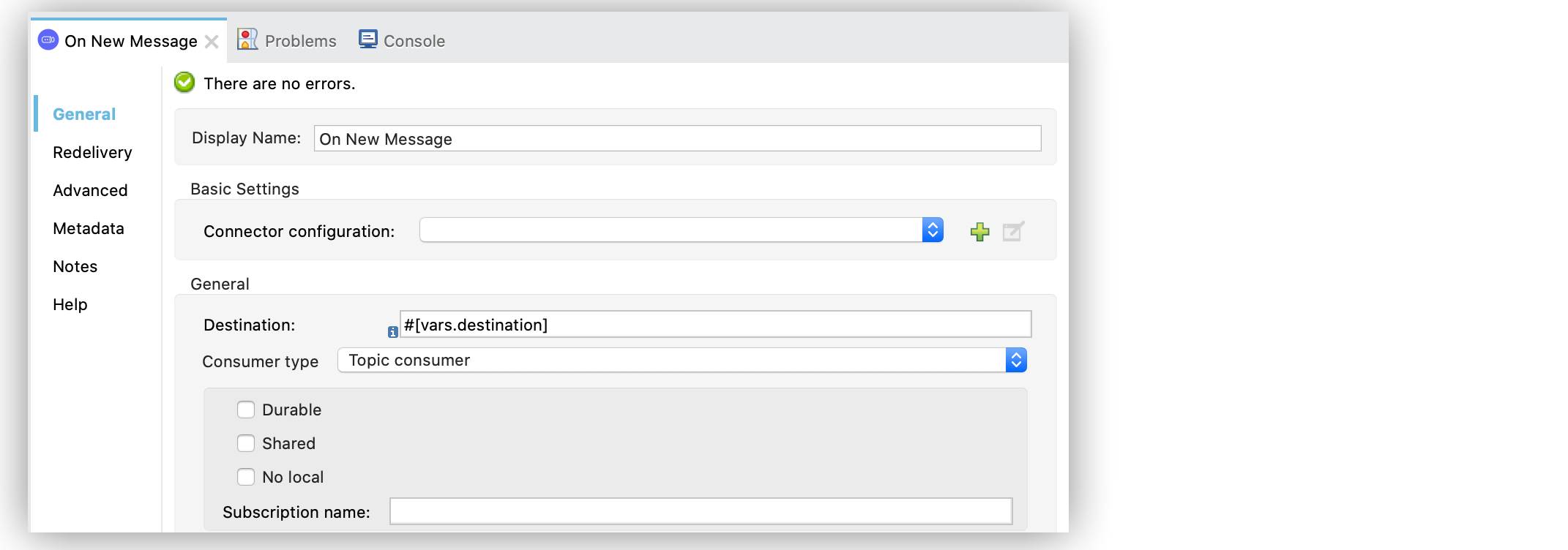 On New Message ソースの画面で [Destination (宛先)] 項目を設定し、[Consumer Type (コンシューマー種別)] 項目を [Topic consumer (トピックコンシューマー)] に設定