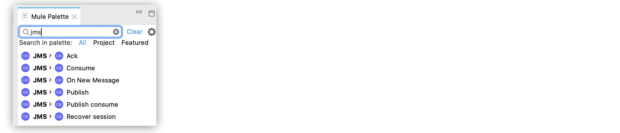 Anypoint Studio の右側にある [Mule Palette (Mule パレット)] ビューから JMS Connector のいずれかの操作を選択する