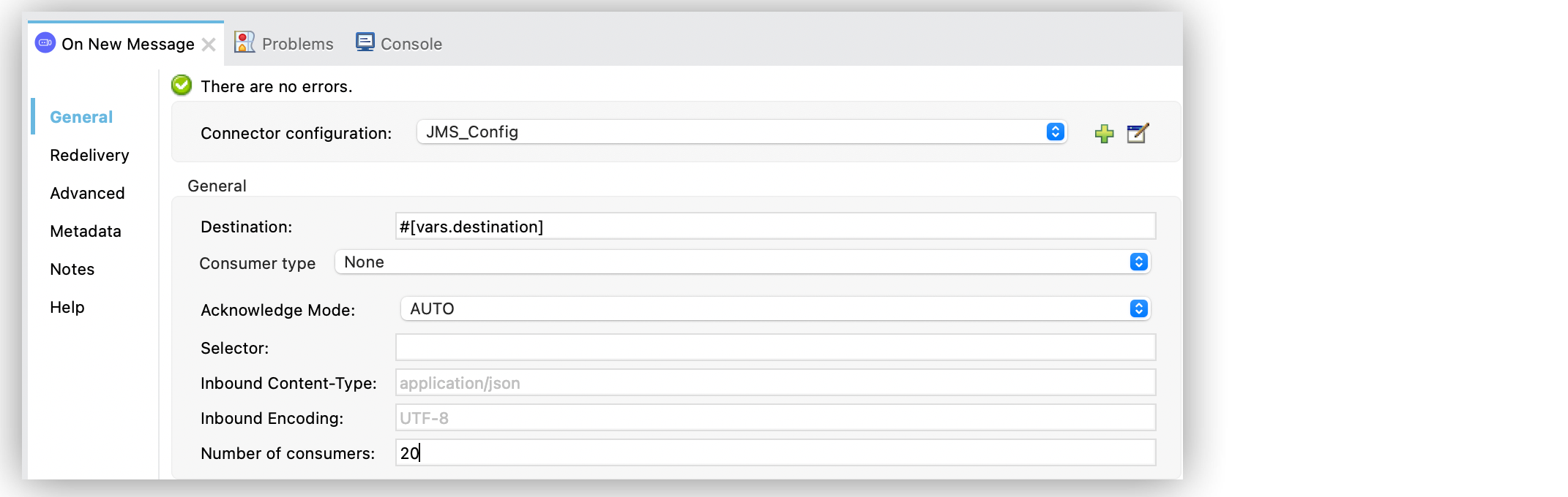 「On New Message」 設定画面で、「Number of consumers (コンシューマー数)」 項目を 20 に設定する