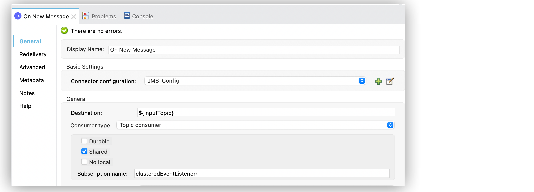 On New Message ソースの 「Advanced (詳細)」 タブの 「Primary node only (プライマリノードのみ)」 項目をオフにする