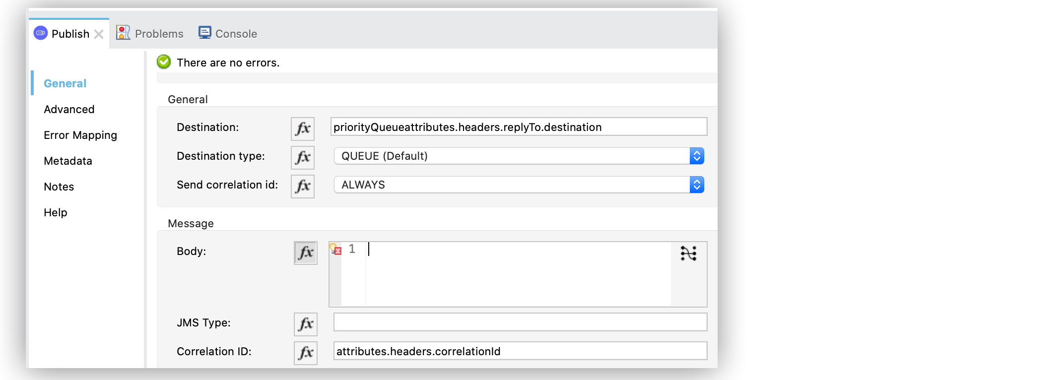 「Publish」 設定画面で、「Send correlation ID (相関 ID を送信)」 項目を 「ALWAYS (常時)」 に設定し、「Correlation ID (相関 ID)」 項目をカスタム値に設定する