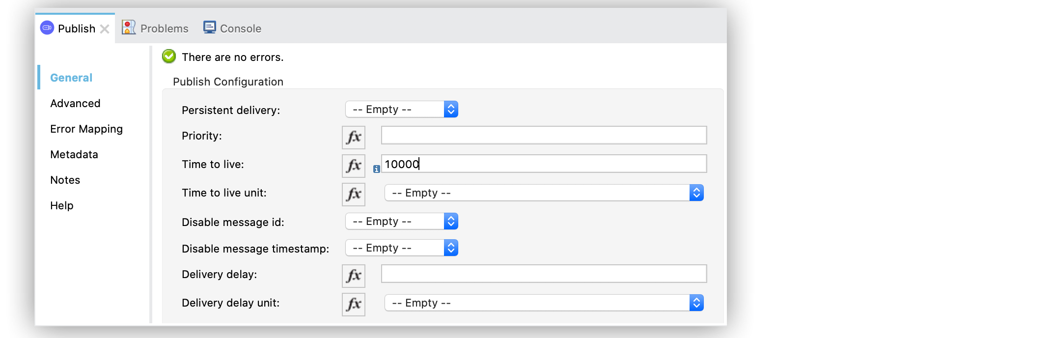 「Publish Configuration (パブリッシュ設定)」 セクションで、「Time to Live (存続期間)」 項目を設定して、以前に設定したデフォルトのグローバル設定を上書きします。