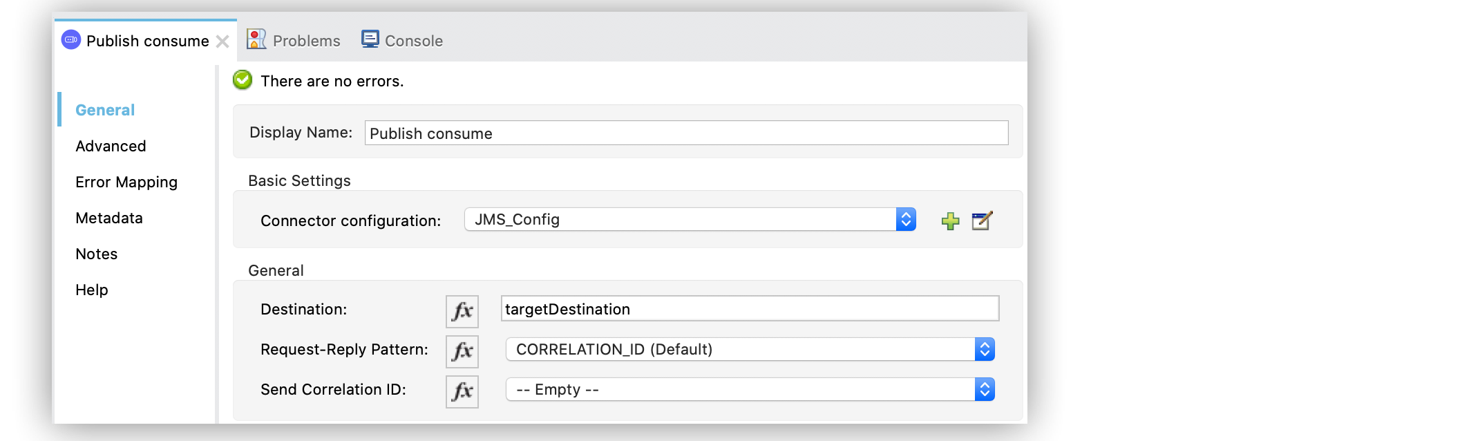 「Publish consume」 設定画面で [Destination (宛先)] 項目を、メッセージの送信先である宛先の名前に設定する