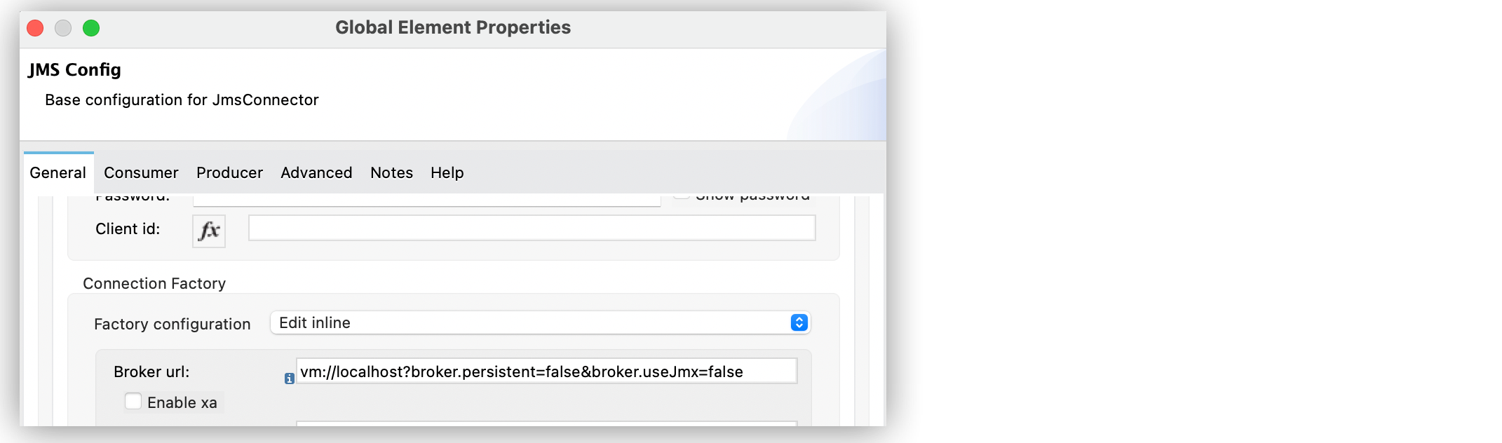 「Broker url (ブローカー URL)」 項目を、接続するブローカーのアドレスに設定する