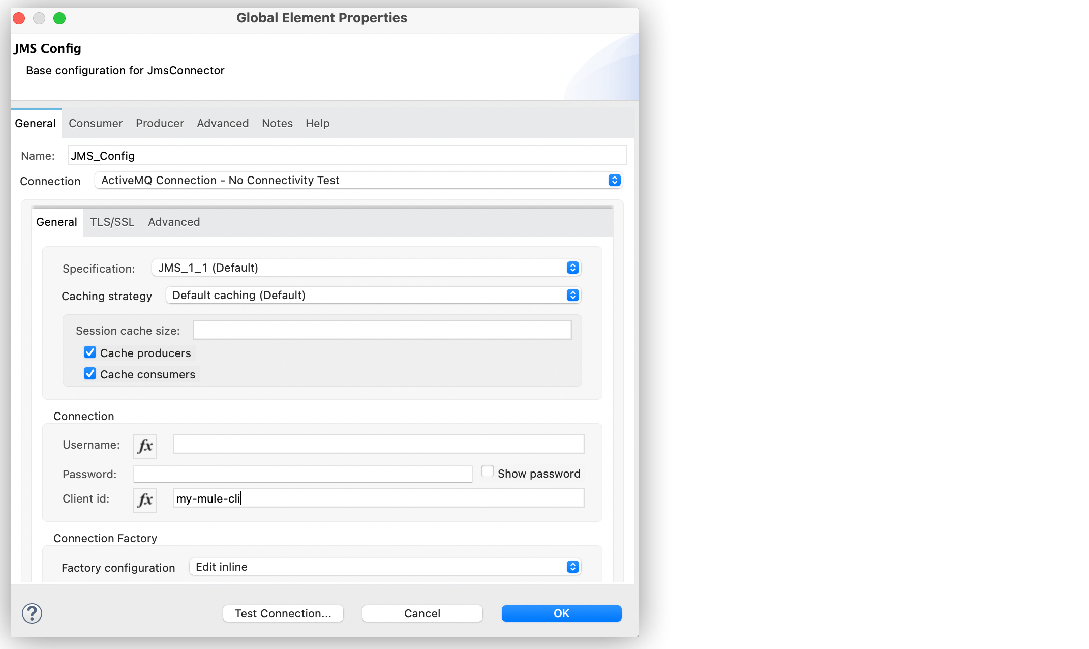 「Broker URL (ブローカー URL)」 項目が tcp://localhost:61616 に設定された、Studio の 「ActiveMQ Connection - No Connectivity Test (ActiveMQ 接続 - 接続テストなし)」 設定ウィンドウ