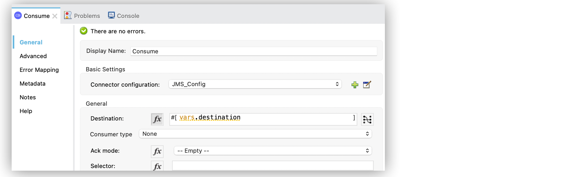 Consume 操作の画面で [Destination (宛先)] 項目を、メッセージのコンシューム元である宛先の名前に設定する