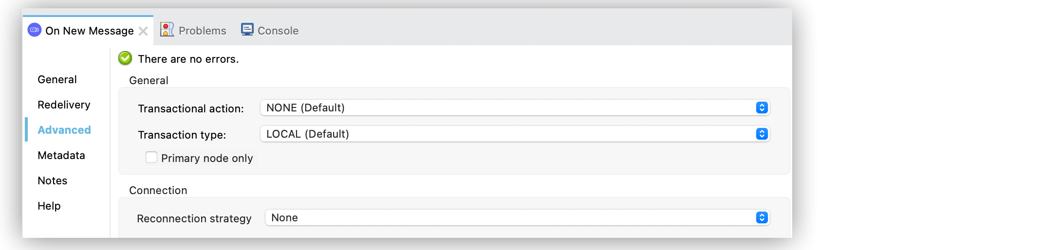 On New Message ソースの [Advanced (詳細)] タブの [Primary node only (プライマリノードのみ)] 項目をオフにする
