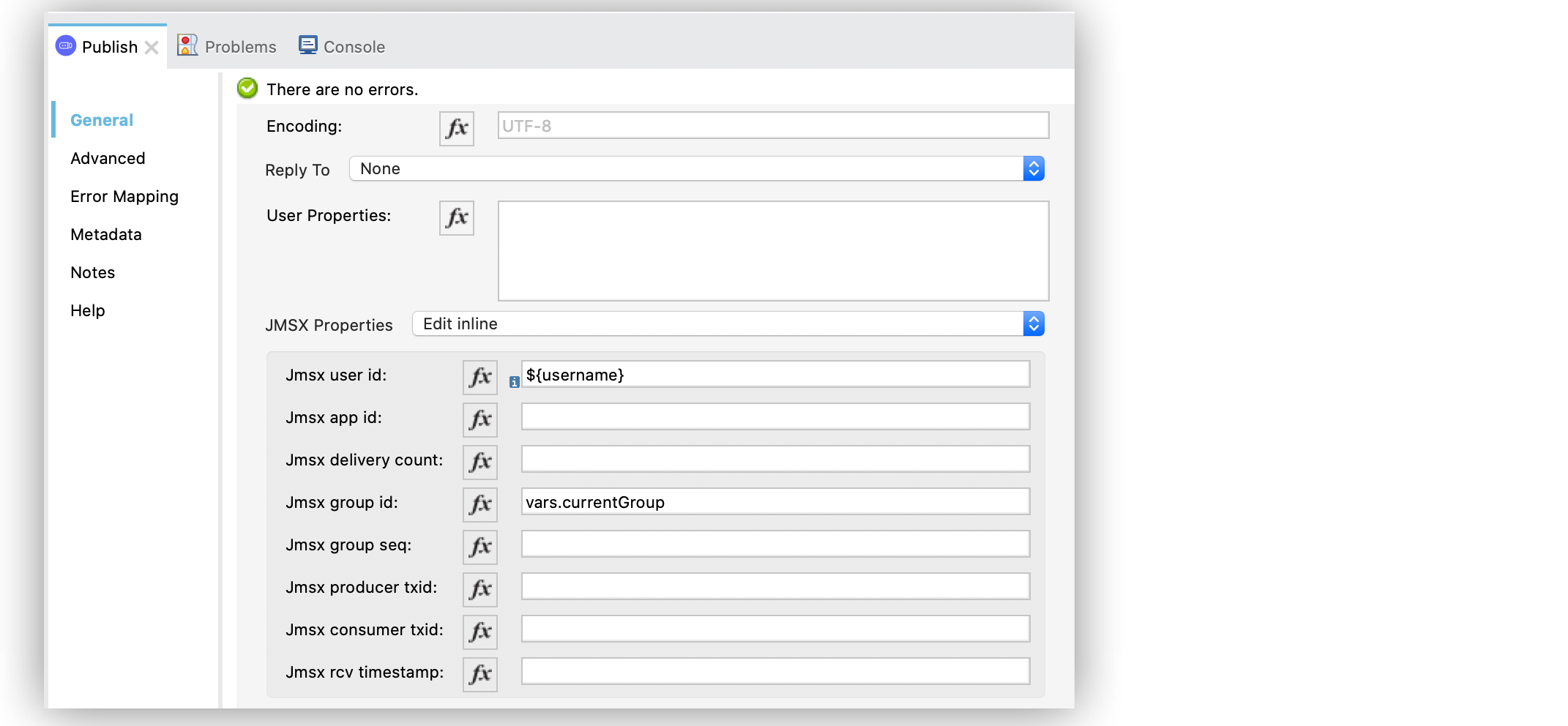 「Publish」 設定画面で、「JMSX Properties (JMSX プロパティ)」 項目を 「Edit Inline (インライン編集)」 に設定し、「Jmsx group id (JMSX グループ ID)」 項目と 「Jmsx user id (JMSX ユーザー ID)」 項目を設定する