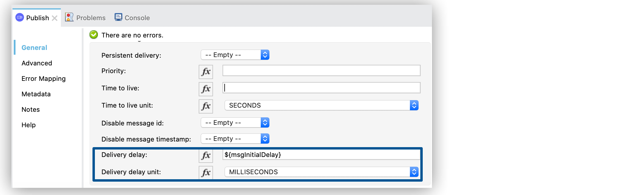 「Publish」 設定画面で、「Delivery Delay (配信遅延)」 項目の値を設定し、「Delivery Delay Unit (配信遅延単位)」 項目を 「MILLISECONDS (ミリ秒)」 に設定する