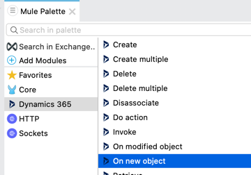 「Mule Palette (Mule パレット)」 ビューで選択されている 「On New Object」 入力元