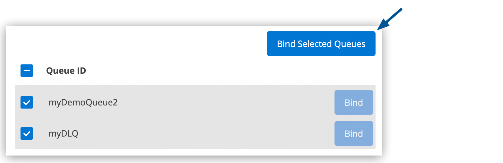 [Bind Selected Queues (選択したキューをバインド)] ボタン