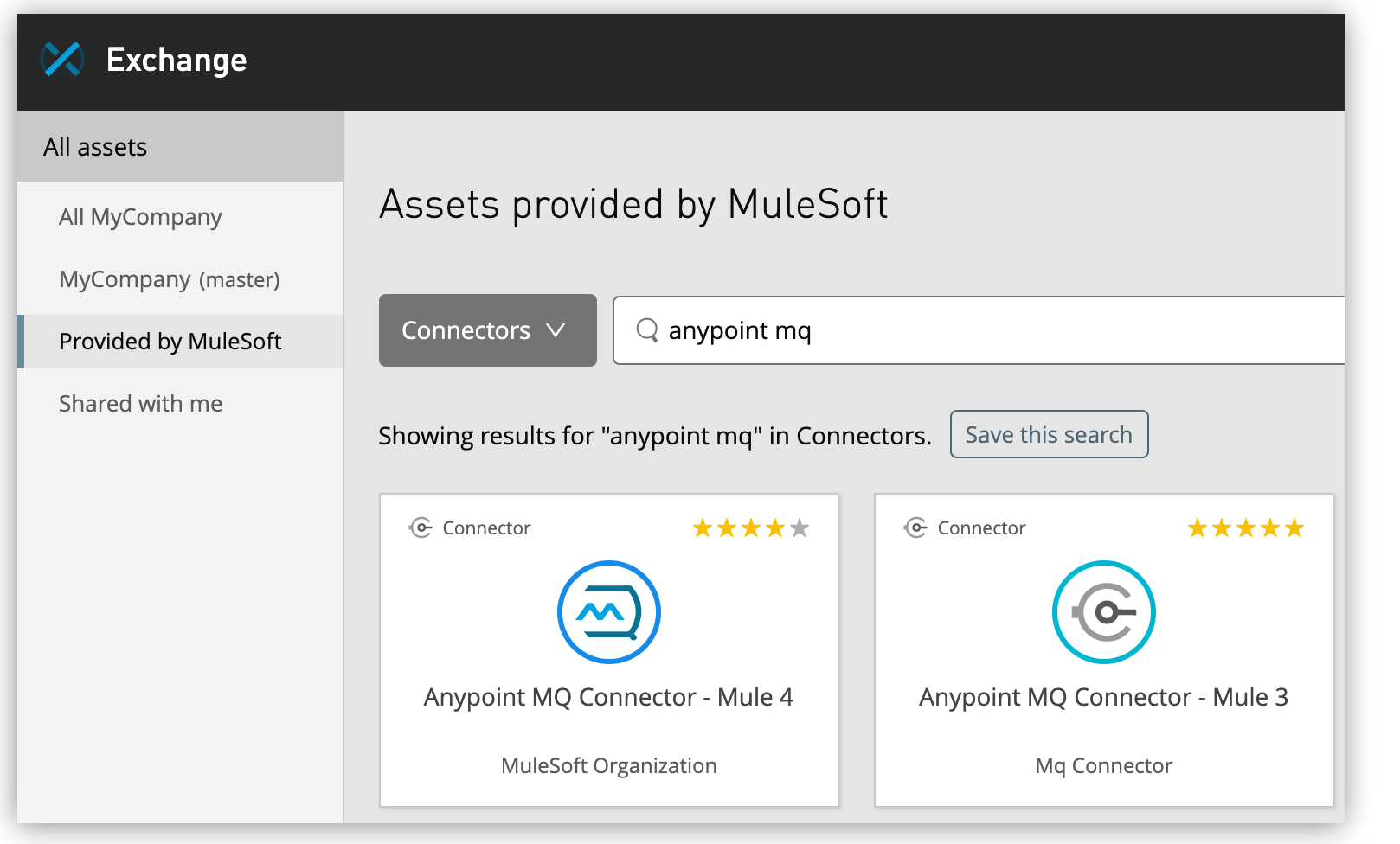 Exchange の [Provided by MuleSoft (MuleSoft による提供)] メニュー、[Connectors (コネクタ)] ドロップダウンメニュー、検索項目