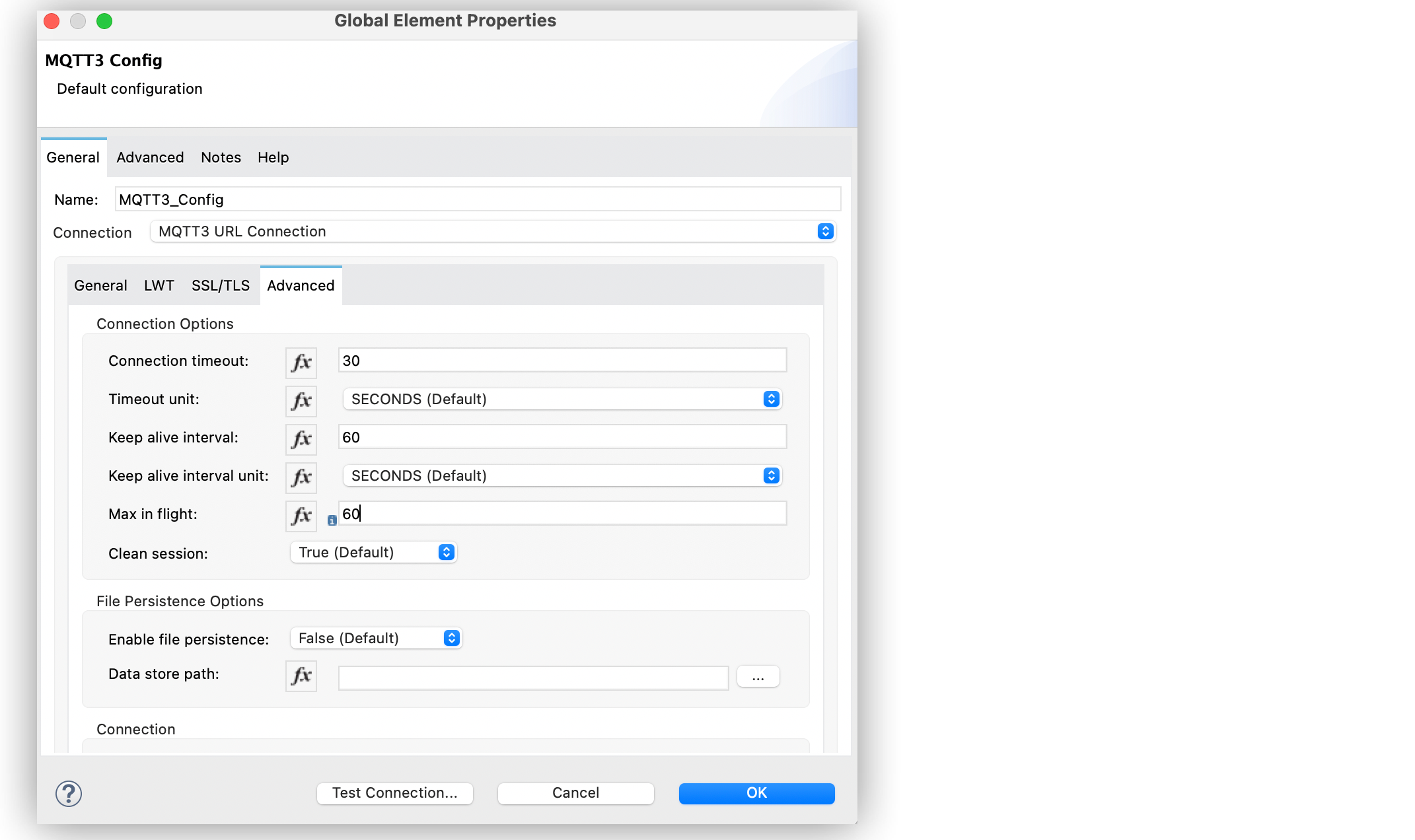 「Global Element Properties (グローバル要素プロパティ)」 ウィンドウでの MQTT3 Connector の接続の詳細設定
