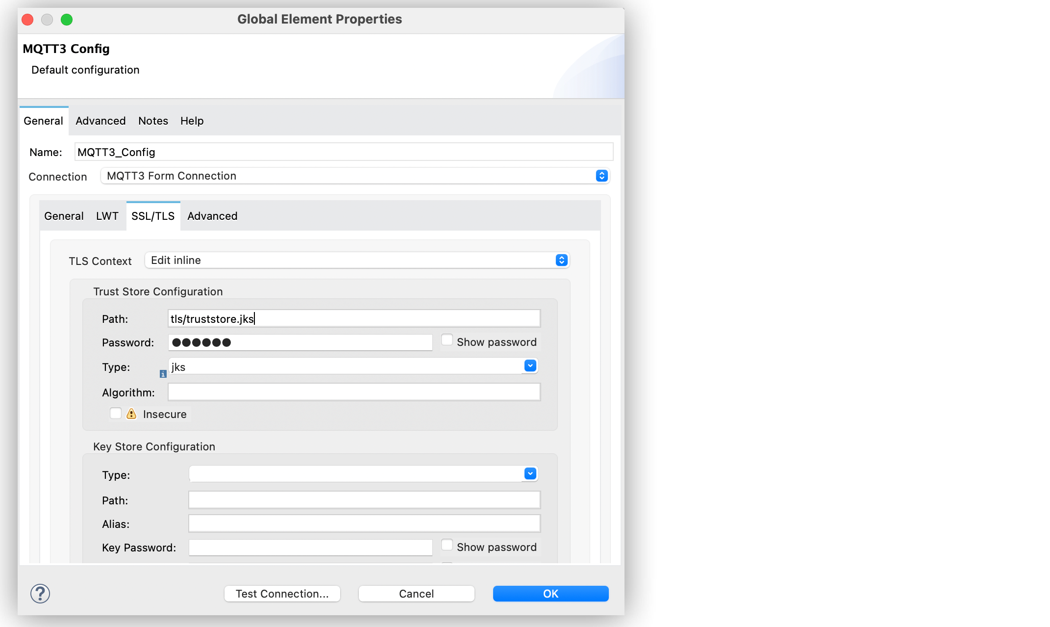 「Global Element Properties (グローバル要素プロパティ)」 ウィンドウでの MQTT の TLS コンテキストの設定