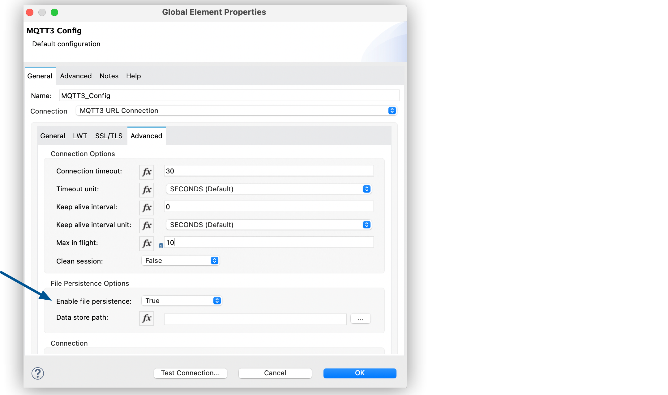 「Global Element Properties (グローバル要素プロパティ)」 ウィンドウでの MQTT 3 の 「Enable File Persistence (ファイル永続性を有効化)」 設定