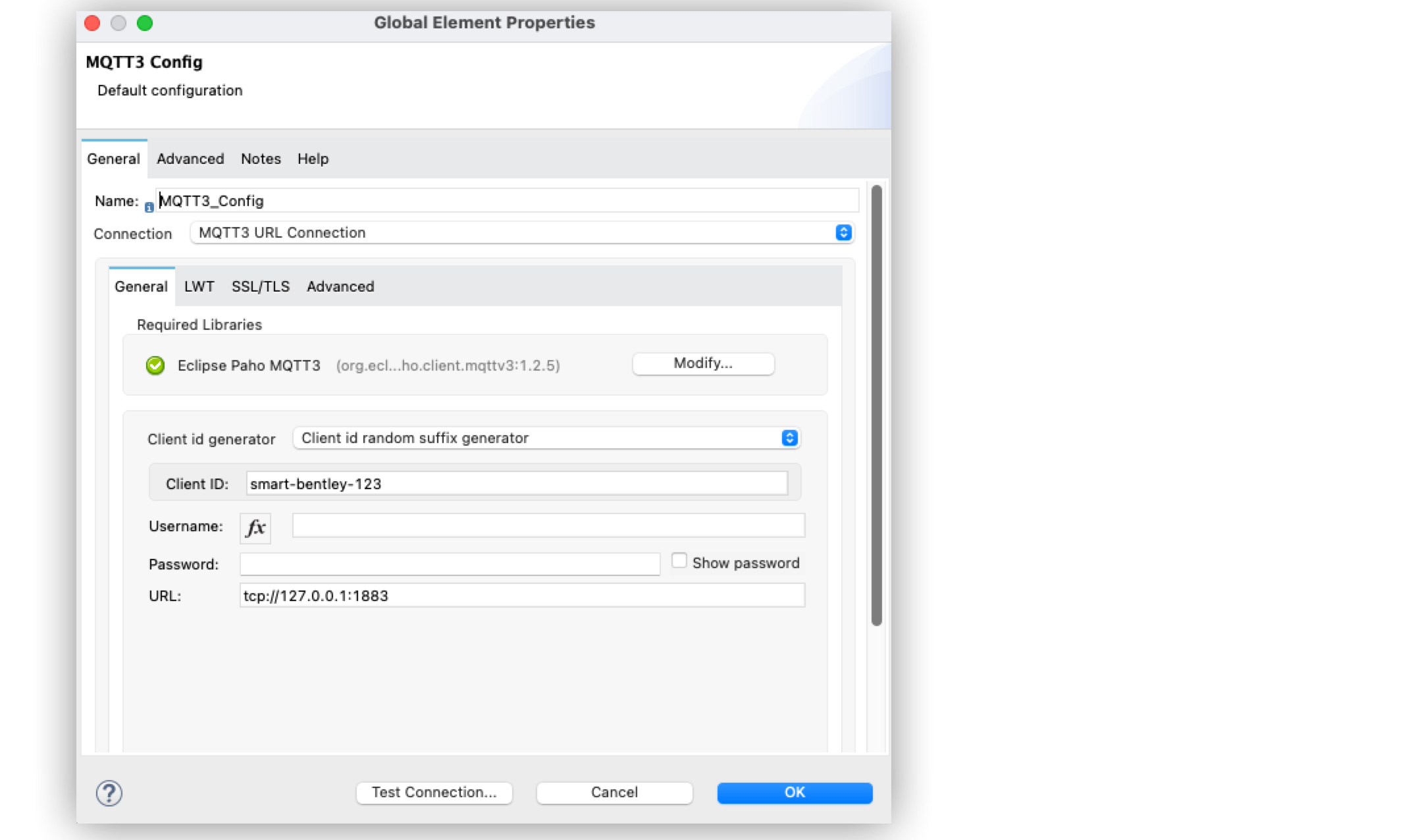 MQTT 3 Connector の [Global Element Properties (グローバル要素プロパティ)] ウィンドウ