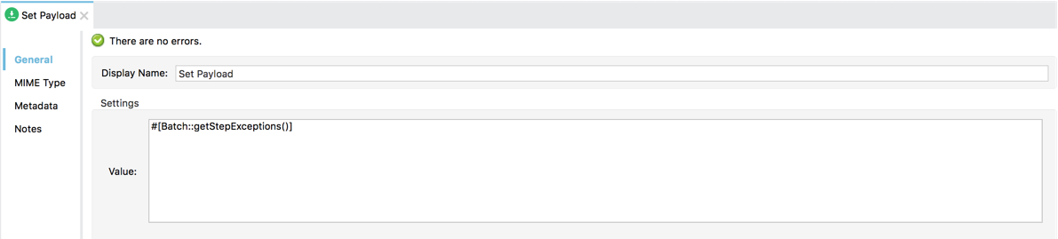 Anypoint Studio のバッチ例外に関連する値の式が含まれる Set Payload コンポーネント