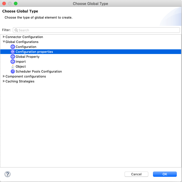 Anypoint Studio の [Global Configurations (グローバル設定)] の [Configuration Properties (設定プロパティ)] などのグローバル要素種別を選択する設定パネル