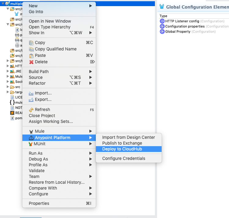 アプリケーションを CloudHub にデプロイする方法が表示されている [Package Explorer] ビュー