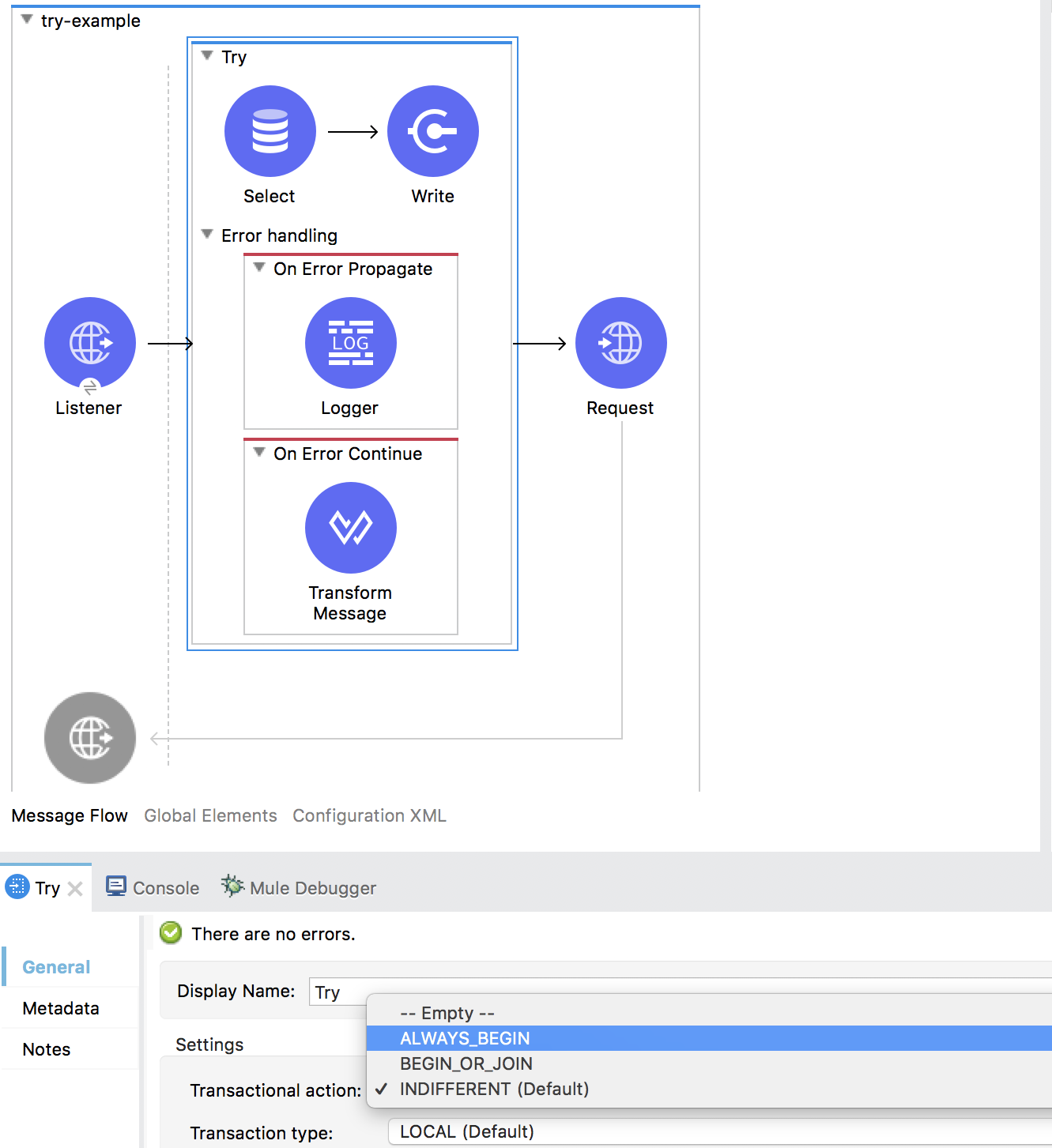 エラーの伝播と設定を行うコンポーネントが含まれる Try スコープが表示されているフロー