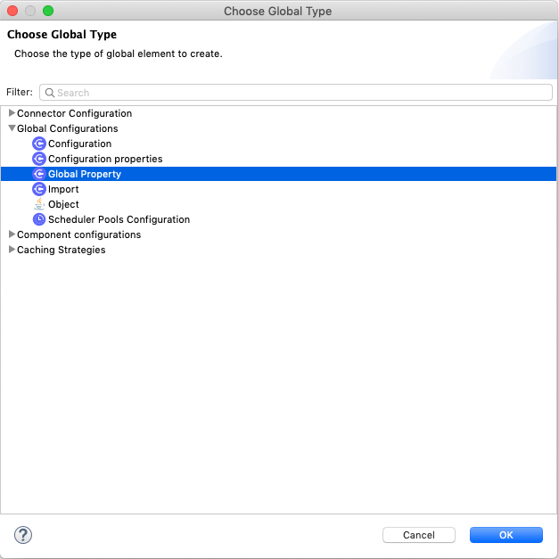 Anypoint Studio の [Global Configurations (グローバル設定)] の [Global Propert (グローバルプロパティ)] などのグローバル要素種別を選択する設定パネル