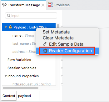 Transform Message コンポーネントの [Reader Configuration (リーダーの設定)]