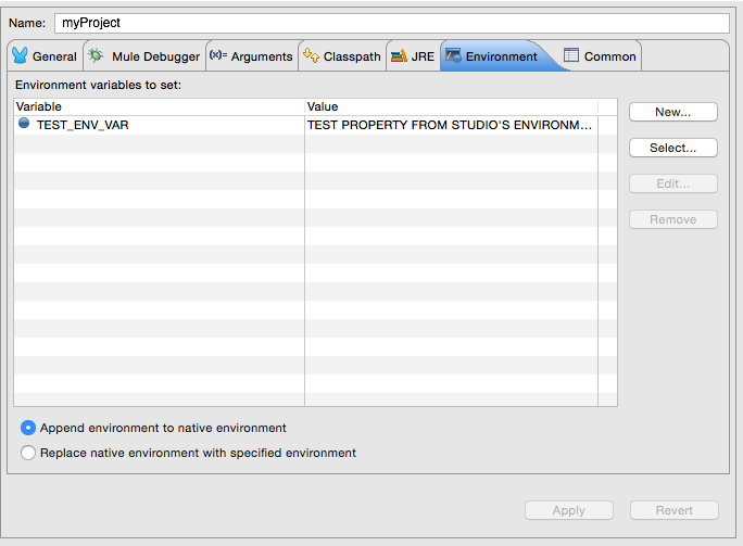 [Newf (新規)] などのオプションが含まれる [Environment (環境)] タブ