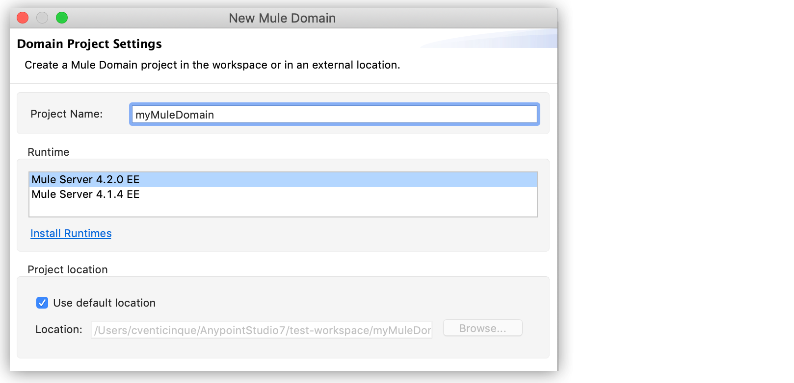 ランタイムバージョンのオプション表示されている新規 Mule ドメイン