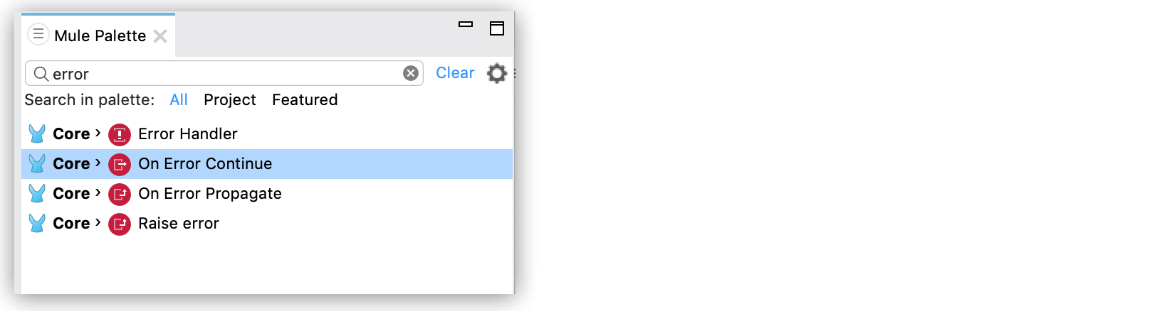Mule アプリケーションのエラー処理戦略を選択するパレットメニュー