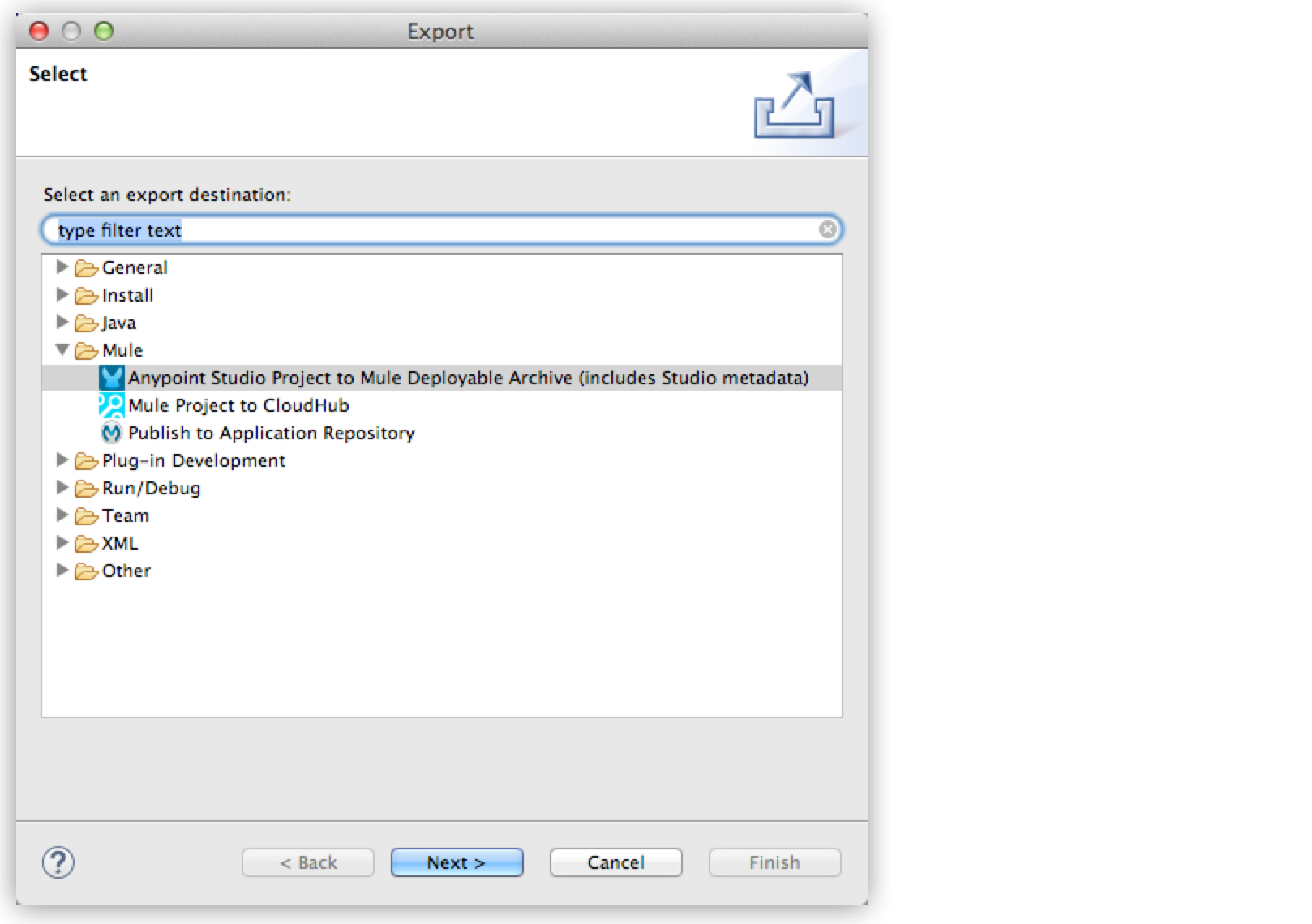 Anypoint Studio からさまざまなエクスポート先にプロジェクトをエクスポートするメニュー